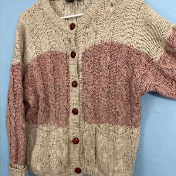 Vintage 90s LIZ CLAIBORNE Cardigan Women Cable Chunky Knit Wool Sweater Cream S - Picture 6 of 16